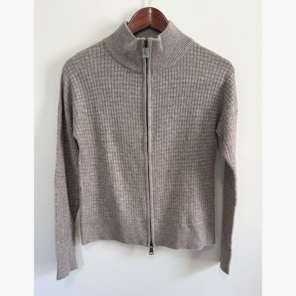 Diane Snyder 100% Cashmere Full Zip Ribbed Cardigan Sweater Taupe Size XS